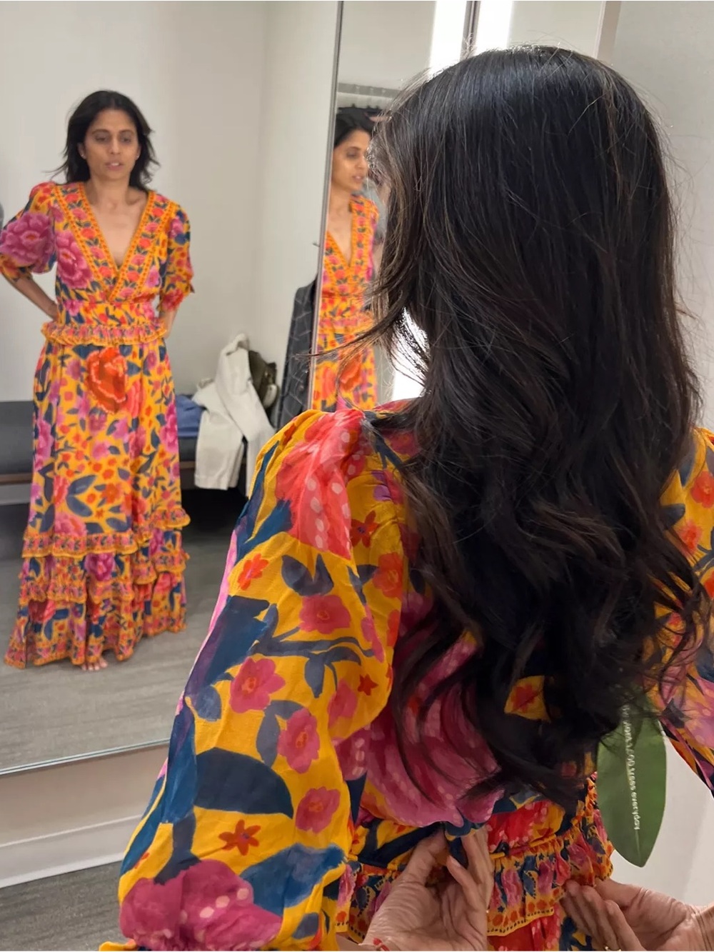 FARM Rio Ruffled Floral Print Georgette Maxi Dress Marigold XL NWOT - Picture 3 of 16